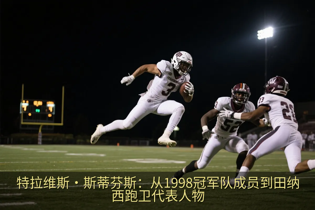 橄榄球跑卫跃过防守球员向前推进